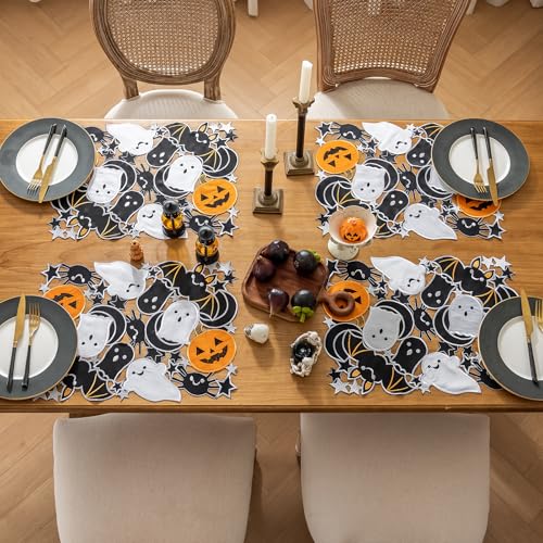 Rectangular Halloween Spooky Placemats Set of 4 - Embroidered Pumpkins & Bats, 13x19 Inch, Gothic Table Decorations for Parties