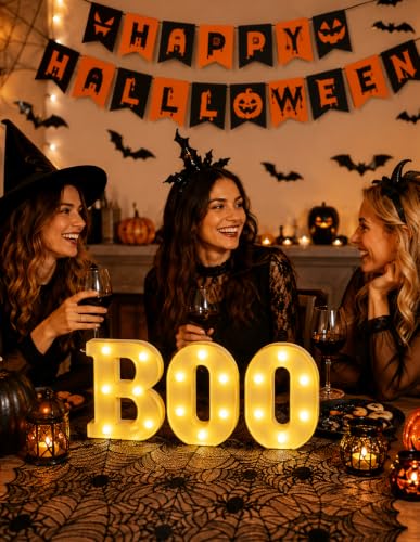 Halloween Decorations Set with Bats, Banner, Tablecloth and Light-Up BOO Sign