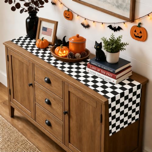 Black and White Halloween Gingham Table Runner - 13 x 72 Inch - QueenDream