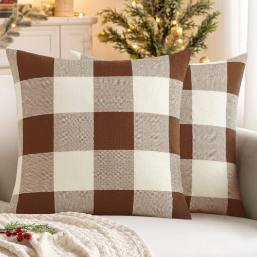 Fall Plaid Pillow Covers 16x16 Brown Pack of 2 - Farmhouse Decor