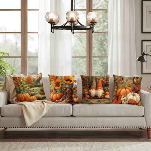 Fall Throw Pillow Covers 14x14 Set of 4 Pumpkin Sunflower Gnome Autumn Farmhouse