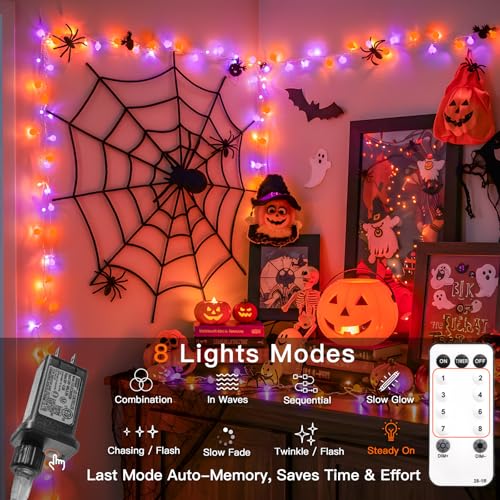 Connectable 43ft LED String Lights with Remote - Orange & Purple Halloween Decor