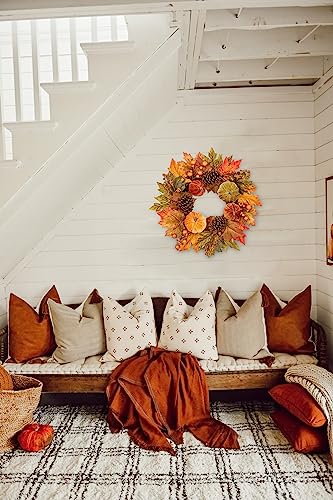 Fall Wreath 16 Inch Autumn Velvet Pumpkin Maple Leaves Front Door Decor - Briful