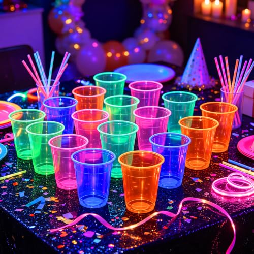 120 Pack Fluorescent Glow-in-The-Dark Plastic Cups 12oz for Halloween Parties