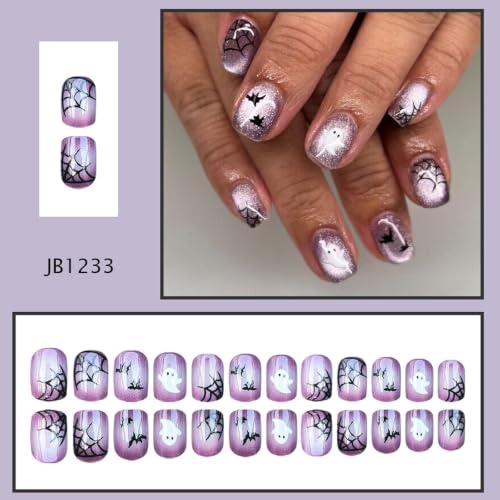 Halloween Short Square Fake Nails with Ghost Spider Web Bat Designs - 24Pcs Press-On Nails for Women