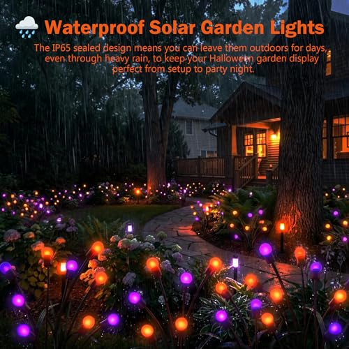Halloween Firefly Solar Lights 2 Pack - Orange & Purple, Flickering LED Pathway Decor