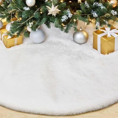 60 Inch White Faux Fur Christmas Tree Skirt - Elegant Holiday Decor