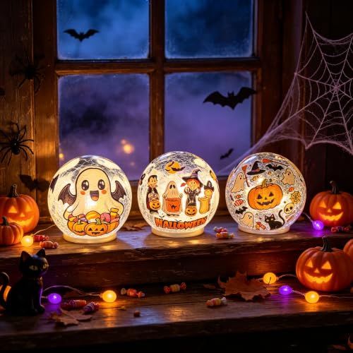 White Elf Halloween Crackle Glass Ball Lights - 3 PCS LED Table Lamps with Timer