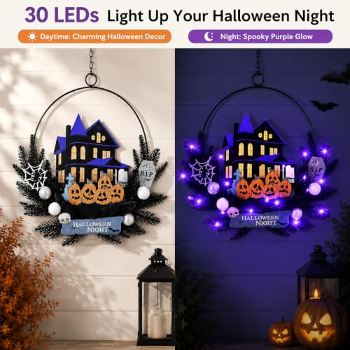 Purple Pumpkin Halloween Wreath with Lights - 15.7 Inch Timer Decor