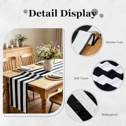 Black & White Striped Table Runner 13x72 Inch - Waterproof Farmhouse Decor - 4 Pack