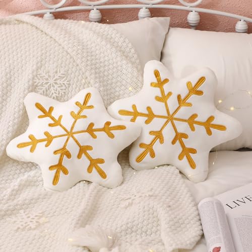Snowflake Throw Pillows Set - Gold Winter Decorative Cushions, 2 Pieces