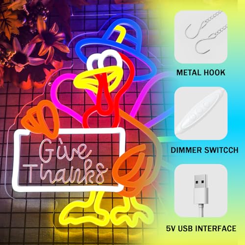 Thanksgiving Neon Sign Give Thanks Turkey Dimmable Wall Decor for Holiday Festivities