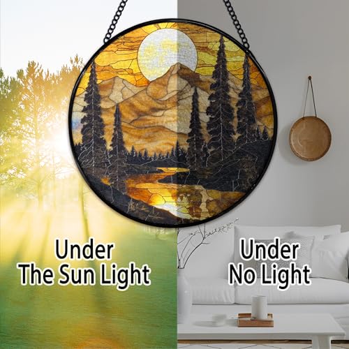 Mountain Sunset Suncatcher - Rustic Stained Glass Window Art - Variation Color13
