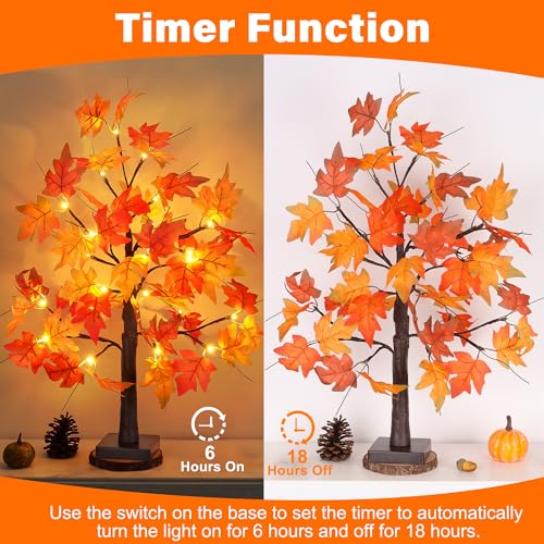 1 Pack 24-Inch Lighted Fall Maple Tree with LED Lights, Battery Operated Autumn Tabletop Decor – Thanksgiving & Indoor Fall Centerpiece