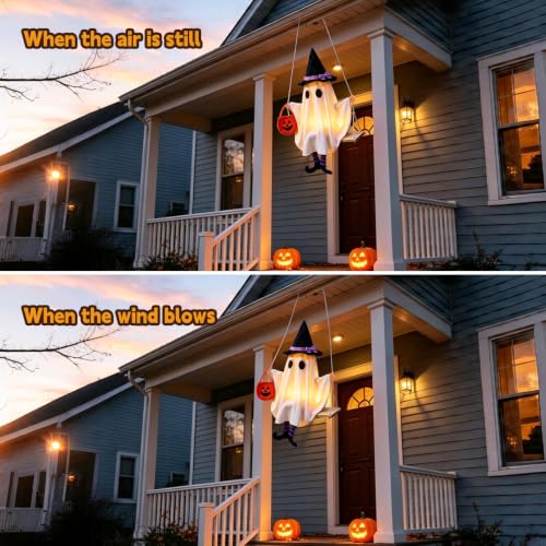 White Swinging Ghost Halloween Decor with LED Lights - Outdoor & Indoor