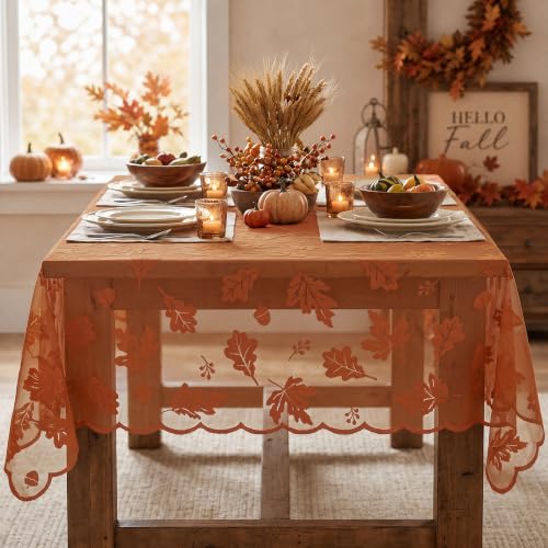 Horaldaily Caramel Fall Lace Tablecloth 60×104 Inch Rectangular Maple Leaf Design
