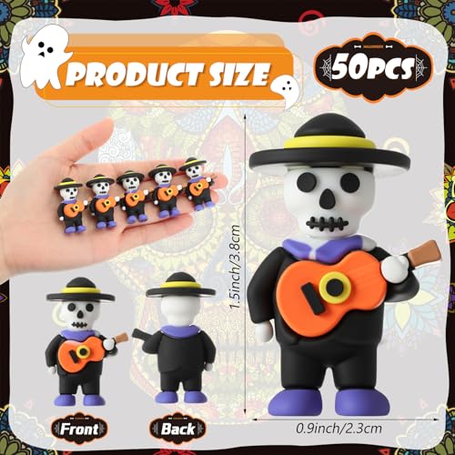 Day of the Dead Skeleton Figurines Set - 50 Mini Mariachi Skeleton Statues with Guitars - Halloween Decor