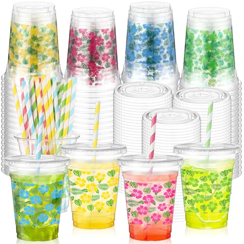 72 Summer Disposable Plastic Cups with Lids & Straws - Hawaiian Tropical Design