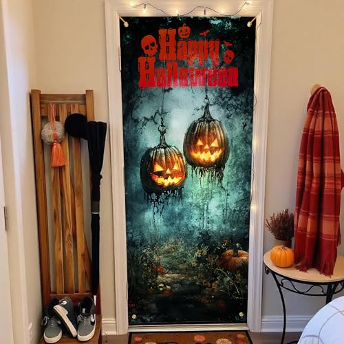Halloween Door Curtain - Scary Pumpkin Forest Door Cover - Helloween Door Cover 2 - 35x79 Inch