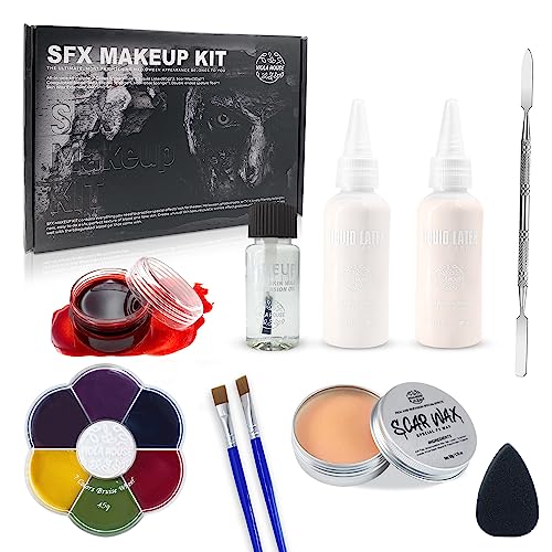 Halloween Special Effects Makeup Kit with Bruise Colors, Scar Wax, Fake Blood & Latex