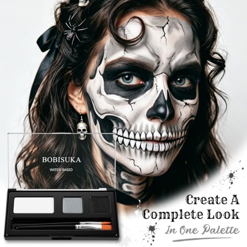 Skeleton Face Paint Kit 3 Colors Water-Activated Halloween Cosplay Makeup - Black White Gray - Variation 04