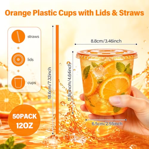 Orange Plastic Party Cups with Lids and Straws - 12oz, 50 Pack, Variation: Orange / 12oz-50pcs