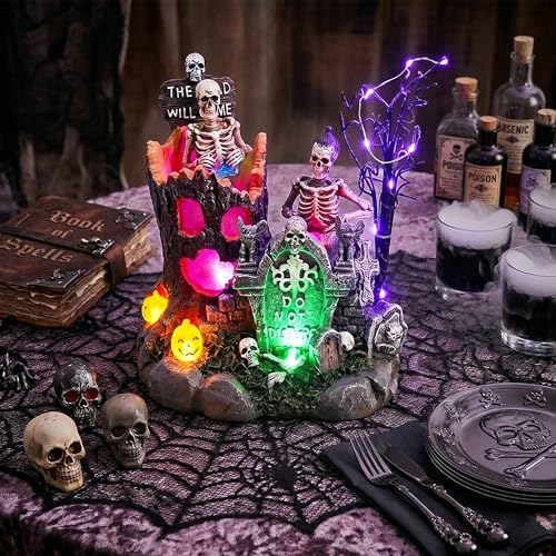 Lighted Halloween Village Scene with Skeleton Trees and Gravestones - Spooky Decor for Home & Party
