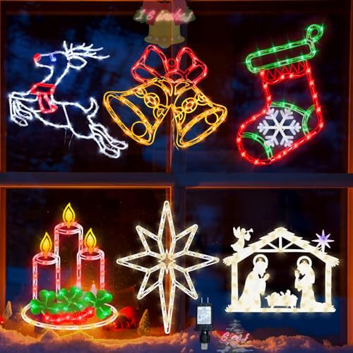 16-Inch Christmas Window Silhouette Lights Decorations - Reindeer & Bell & Nativity & Candle & Stocking & Bethlehem Star