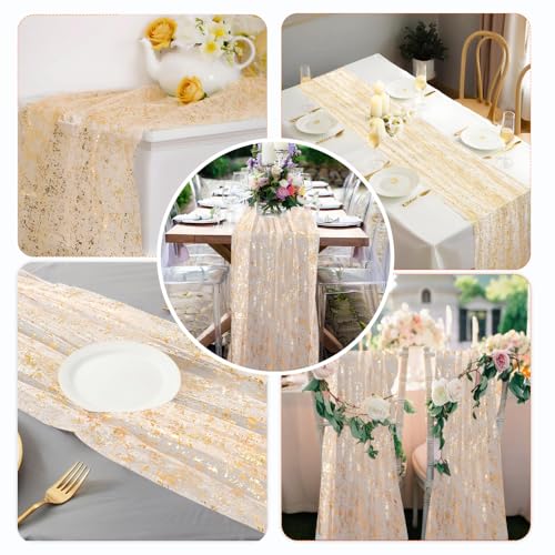 Gold Glitter Chiffon Table Runner 10Ft Sequin Gauze Party Decoration - Gold