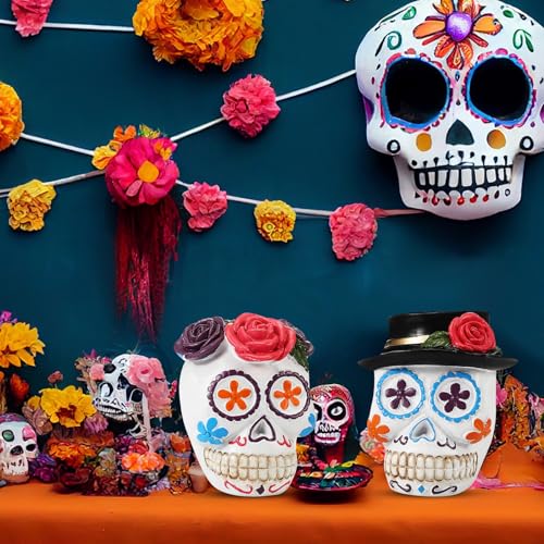Day of the Dead Sugar Skull Couple Decor - White, 3.15 Inches, Rose & Hat Variation