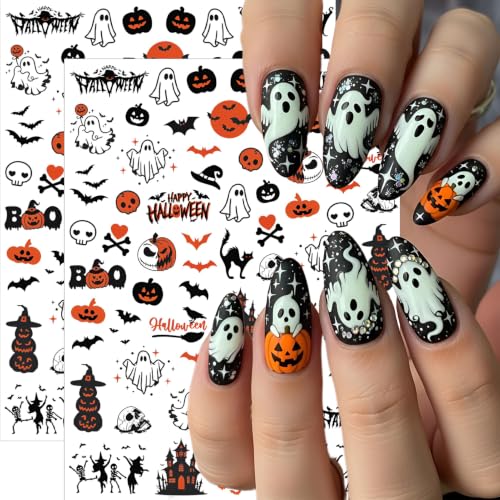 Halloween Nail Stickers Set - 4 Sheets Cute Ghost Pumpkin Bat Decals with Variation Halloween 4 Sheets
