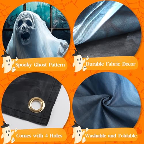 White Halloween Ghost Window Decoration - Large Spooky Haunted House Window Decor with Rope
