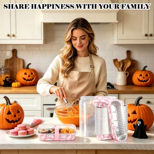 Pink Ghost Halloween Mini Loaf Pans with Lids & Forks, 6.6 Inch Disposable Baking Containers, 100 Pack