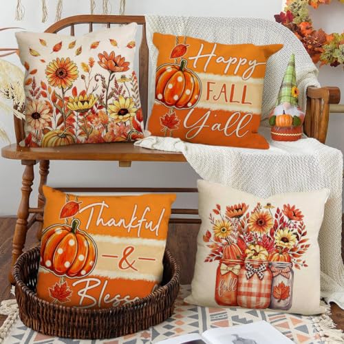 Outdoor Waterproof Pillow Covers Set of 4 20x20 Inches Fall Decor Orange