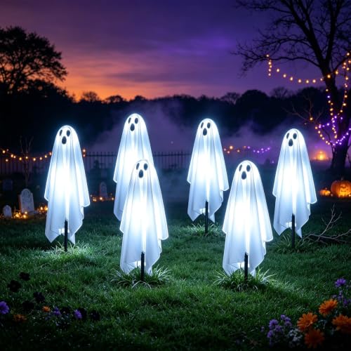 Solar Ghost Lights Outdoor Decorations - 6 Pack Spooky Pathway LED Stakes