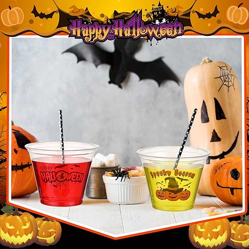 Halloween Party Cups Set - 100 Clear 9 oz Disposable Plastic Cups with Spooky Designs