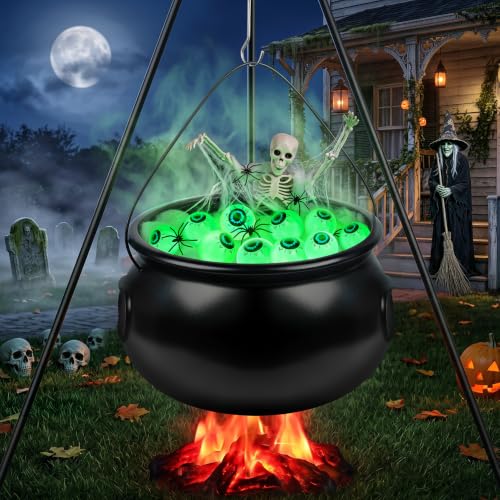 Lighted Witches Cauldron Halloween Decoration with Tripod, Spiders & Cobwebs