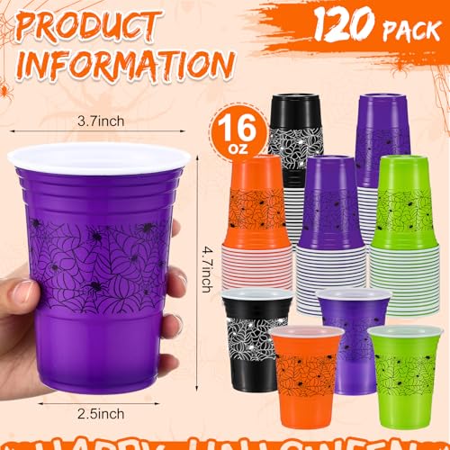 120 Pcs Halloween Plastic Cups 16 oz Disposable Drinkware with Spider Web Design