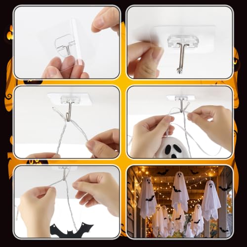 Halloween Hanging Ghosts and Bats Decoration Set with LED String Lights - Indoor Outdoor Festive Decor