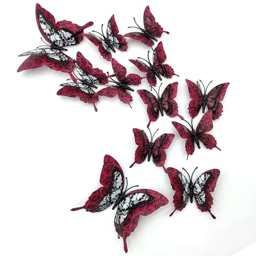 Halloween Butterfly Wall Stickers Set - 24 Removable 3D Decals in Red & Black