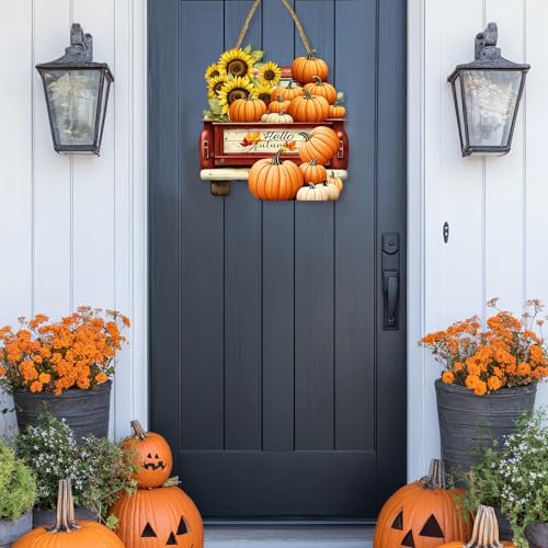 Hello Autumn Harvest Car Welcome Sign - Fall Porch Door Wooden Decor with Pumpkins - Seasonal Farmhouse Style - Variation: Hello Autumn3