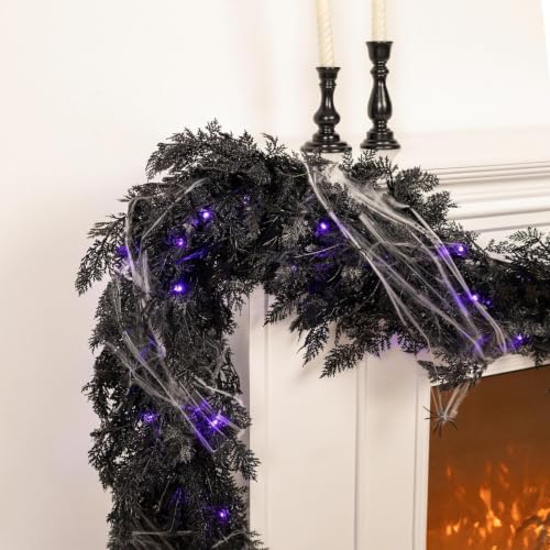 Halloween Garland Decorations - 9FT Pre-lit Black Cedar with Berry & Spider Web - Indoor Outdoor Decor - Variation: Halloween