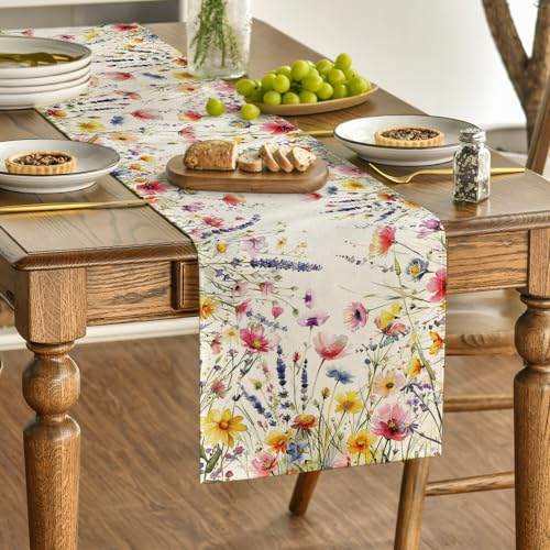 13x120 Inch Lavender Daisy Floral Table Runner for Dining & Party Decor - Off-White