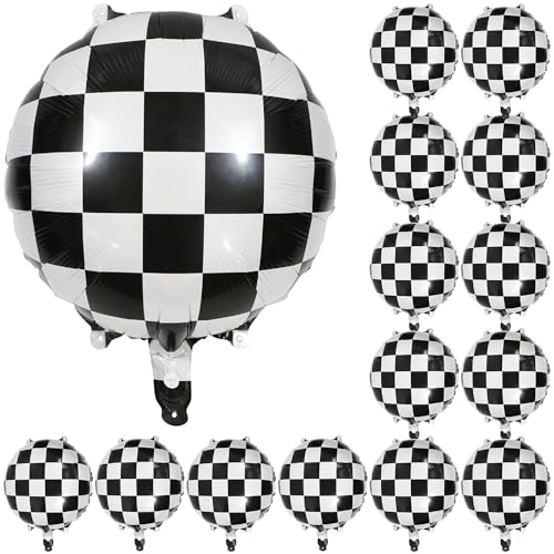 Black and White Checkered Balloons - 18 Inch Foil Race Car Party Decor, 15 Pack