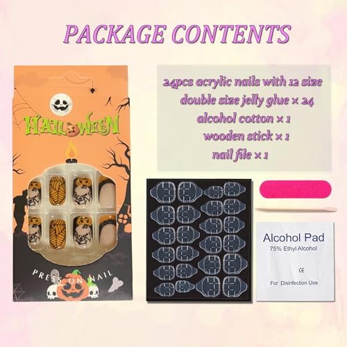Halloween Fake Nails - Square, Black Spider Web & Pumpkin Press Ons - Style17