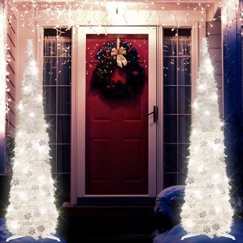 5FT Silver White Pop Up Christmas Tree with Snowflake & 60 Lights - Space Saving Holiday Decor