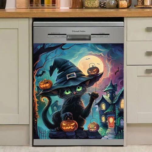 Halloween Pumpkin Theme Magnetic Dishwasher Cover - Black Cat Kitchen Decor 23" x 26"