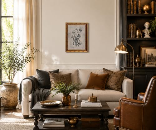 Gothic Skull Floral Wall Art Canvas Print - Vintage Gold Frame 12x16