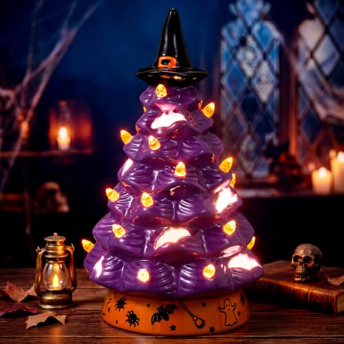 Purple Halloween Ceramic Tree with Bat Cutouts and LED Light - 8.5 Inch Witch Hat Decor