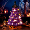 Purple Halloween Ceramic Tree with Bat Cutouts and LED Light - 8.5 Inch Witch Hat Decor